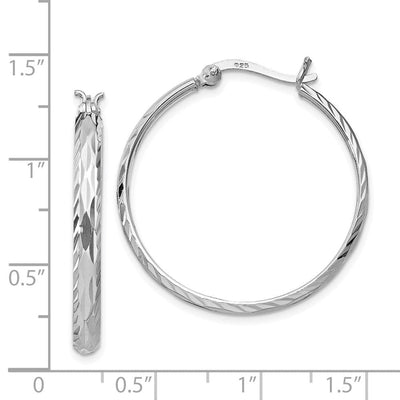 Sterling Silver Rhodium-plated Textured Round Hoops, 33 x 2.5mm