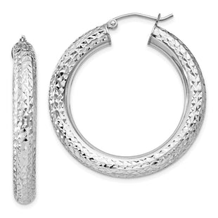 Sterling Silver Rhodium Plated Diamond Cut Hoop Earrings (Style QE11493)