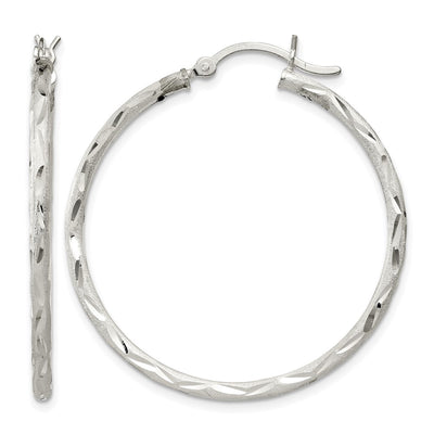 Sterling Silver Satin Diamond-cut Hoop Earrings, 35 x 2mm