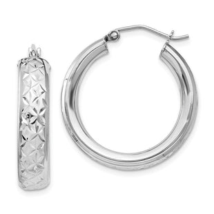 Sterling Silver Rhodium Plated Diamond Cut Hoop Earrings (Style QE11515)