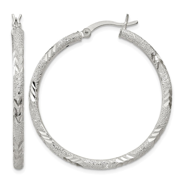 Sterling Silver Diamond-cut Laser-cut Hinged Hoop Earrings, 35 x 2.5mm