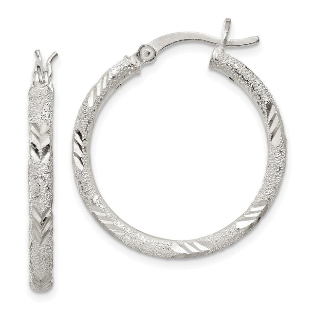 Sterling Silver Diamond-cut Laser-cut Hinged Hoop Earrings, 24 x 2.5mm