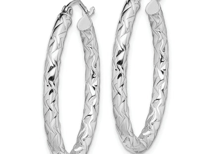 Sterling Silver RH-plated D/C Textured Oval Hoop Earrings