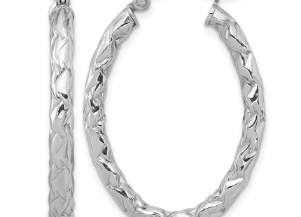 Sterling Silver RH-plated D/C Textured Oval Hoop Earrings