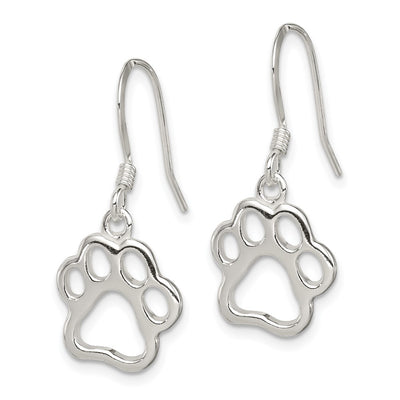 Sterling Silver Polished Paw Print Shepherd Hook Earrings, 30 x 13mm