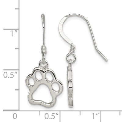 Sterling Silver Polished Paw Print Shepherd Hook Earrings, 30 x 13mm