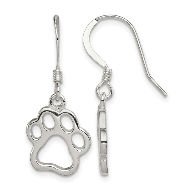 Sterling Silver Polished Paw Print Shepherd Hook Earrings, 30 x 13mm