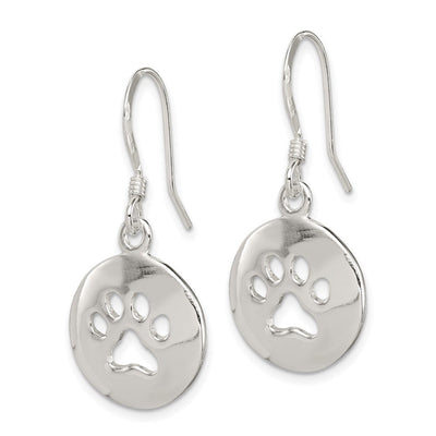 Sterling Silver Polished Paw Print Shepherd Hook Earrings, 33 x 16mm