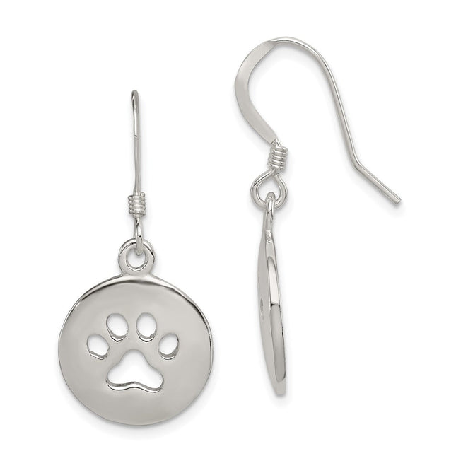 Sterling Silver Polished Paw Print Shepherd Hook Earrings, 33 x 16mm
