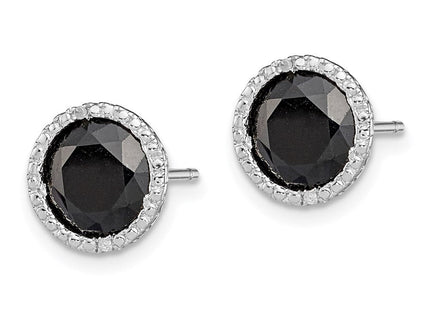 Sterling Silver Rhodium-plated Black Sapphire & Diamond Post Earrings (Style QE12152)