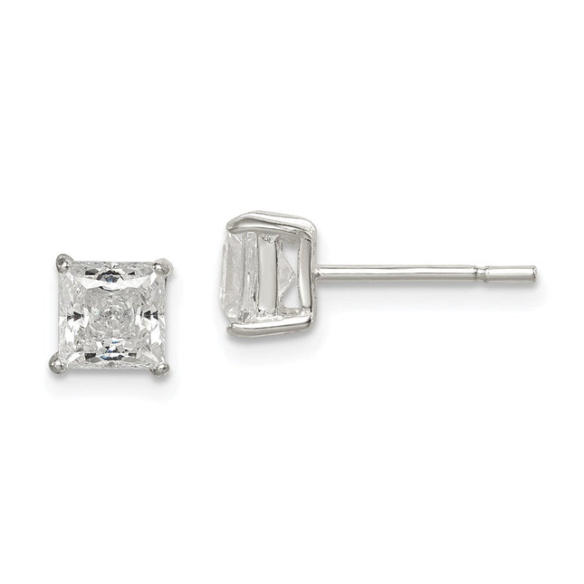 Sterling Silver Polished Princess CZ Stud Earrings, 6 x 6mm