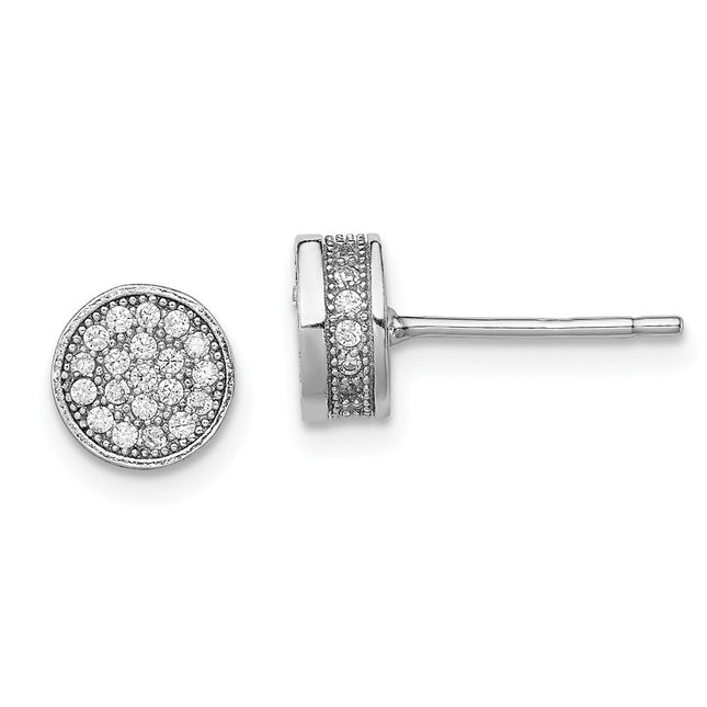 Sterling Silver Rhodium-plated Polished Pav CZ Circle Post Earrings, 8 x 8mm