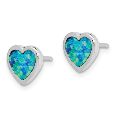 Sterling Silver Rhodium-plated Blue Created Opal Heart Post Earrings, 9 x 9mm