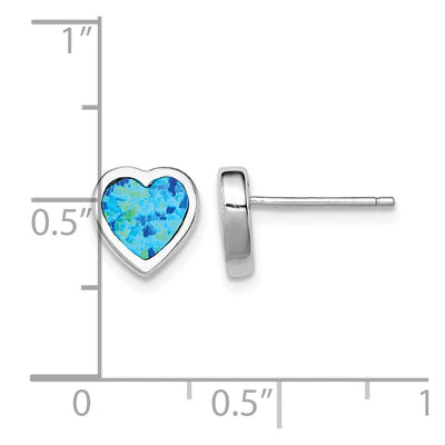 Sterling Silver Rhodium-plated Blue Created Opal Heart Post Earrings, 9 x 9mm