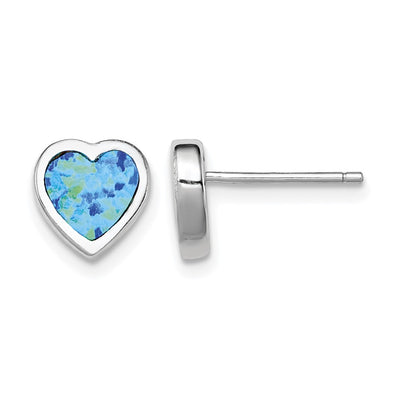 Sterling Silver Rhodium-plated Blue Created Opal Heart Post Earrings, 9 x 9mm
