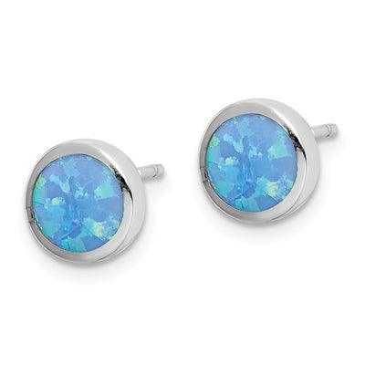 Sterling Silver RH-plated Polished Blue Created Opal Round Stud Earrings, 9 x 9mm