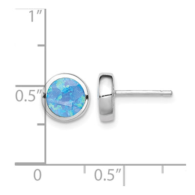Sterling Silver RH-plated Polished Blue Created Opal Round Stud Earrings, 9 x 9mm