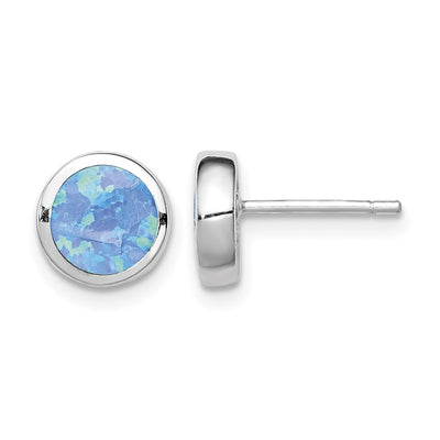 Sterling Silver RH-plated Polished Blue Created Opal Round Stud Earrings, 9 x 9mm