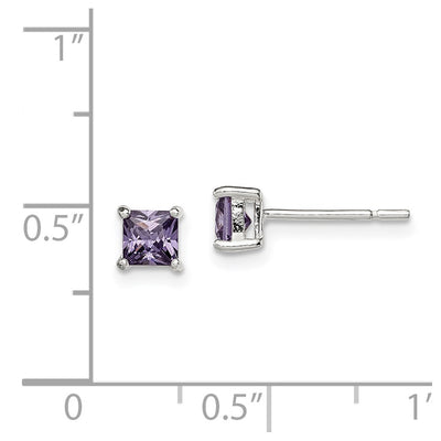 Sterling Silver Polished Square Purple CZ Stud Earrings