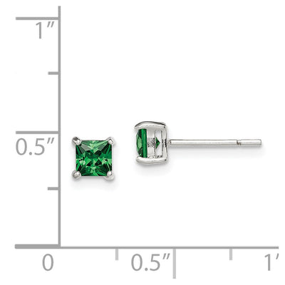 Sterling Silver Polished Square Green Glass Stud Earrings