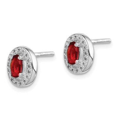 Sterling Silver Rhod-plated Red and White CZ Oval Stud Earrings