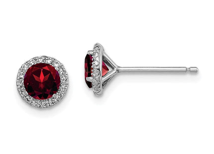 Sterling Silver Rhodium-plated Garnet and CZ Post Earrings (Style QE12613GA)