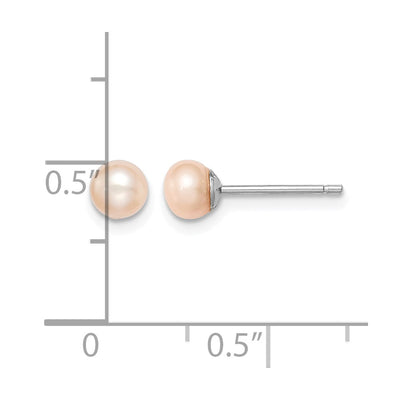 Sterling Silver Rhodium-plated Pink Button Freshwater Cultured Pearl Post Earrings, 4 to 5 x 4 to 5mm
