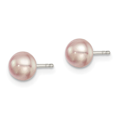 Sterling Silver Rhodium-plated Purple Button Freshwater Cultured Pearl Post Earrings, 5 to 6 x 5 to 6mm