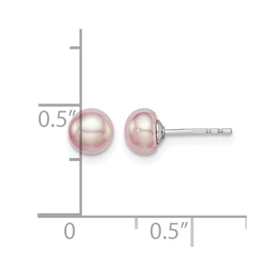 Sterling Silver Rhodium-plated Purple Button Freshwater Cultured Pearl Post Earrings, 5 to 6 x 5 to 6mm