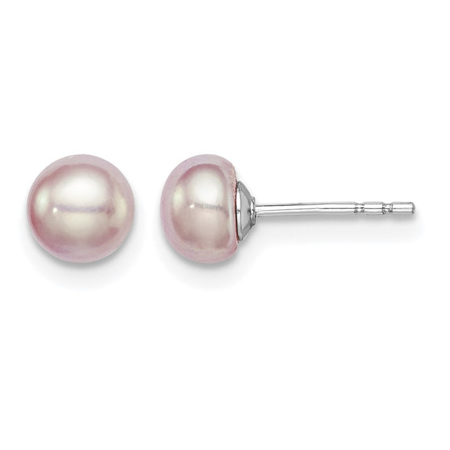 Sterling Silver Rhodium-plated 5- Purple Button Freshwater Cultured Pearl Post Earrings, 5 to 6 x 5 to 6mm