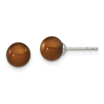 Sterling Silver Rhodium-plated Brown Round Freshwater Cultured Pearl Post Earring