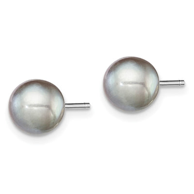 Sterling Silver Rhodium-plated Grey Round Freshwater Cultured Pearl Post Earrings