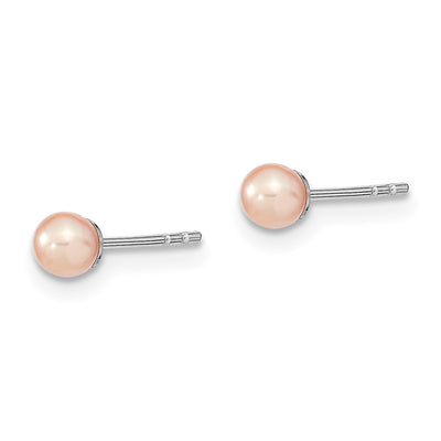 Sterling Silver Rhodium-plated Pink Round Freshwater Cultured Pearl Post Earrings