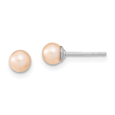 Sterling Silver Rhodium-plated Pink Round Freshwater Cultured Pearl Post Earrings