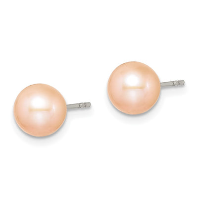 Sterling Silver Rhodium-plated Pink Round Freshwater Cultured Pearl Post Earrings