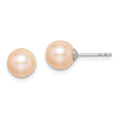 Sterling Silver Rhodium-plated Pink Round Freshwater Cultured Pearl Post Earrings