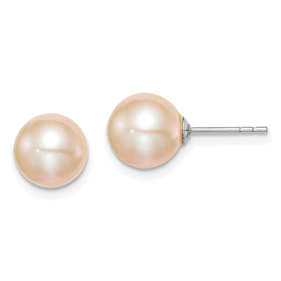 Sterling Silver Rhodium-plated Pink Round Freshwater Cultured Pearl Post Earrings