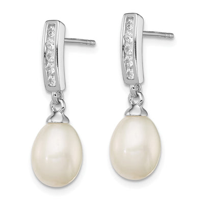 Sterling Silver Rhodium-plated White Rice Freshwater Cultured Pearl and CZ Post Dangle Earrings, 24 x 8 to 9mm