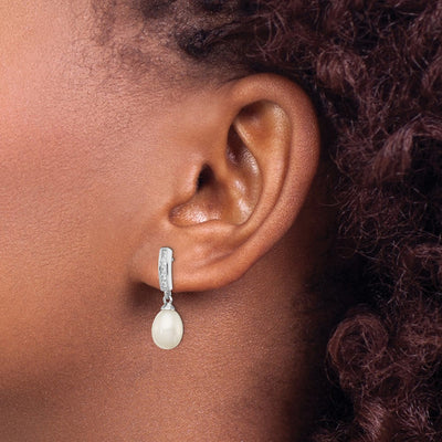 Sterling Silver Rhodium-plated White Rice Freshwater Cultured Pearl and CZ Post Dangle Earrings, 24 x 8 to 9mm