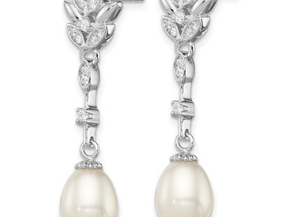Sterling Silver Rhodium-plated 8- White Teardrop Freshwater Cultured Pearl and CZ Post Dangle Earrings (Style QE12744)