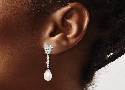 Sterling Silver Rhodium-plated 8- White Teardrop Freshwater Cultured Pearl and CZ Post Dangle Earrings (Style QE12744)