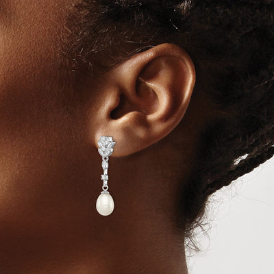 Sterling Silver Rhodium-plated White Teardrop Freshwater Cultured Pearl and CZ Post Dangle Earrings, 36 x 8 to 9mm