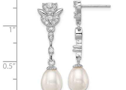 Sterling Silver Rhodium-plated 8- White Teardrop Freshwater Cultured Pearl and CZ Post Dangle Earrings (Style QE12744)