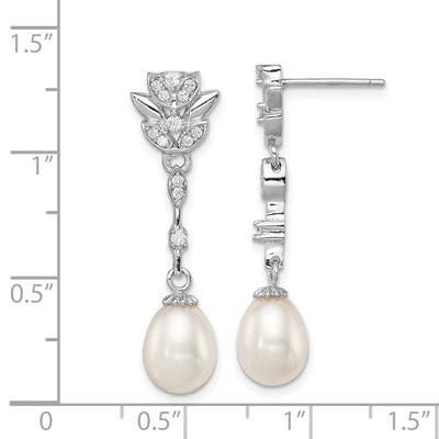 Sterling Silver Rhodium-plated White Teardrop Freshwater Cultured Pearl and CZ Post Dangle Earrings, 36 x 8 to 9mm