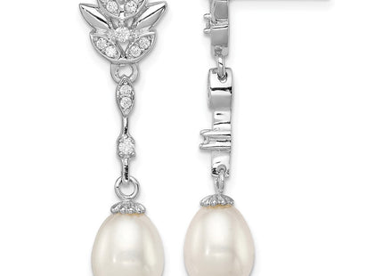 Sterling Silver Rhodium-plated 8- White Teardrop Freshwater Cultured Pearl and CZ Post Dangle Earrings (Style QE12744)