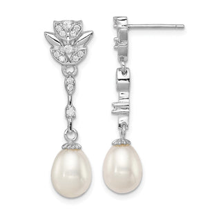 Sterling Silver Rhodium-plated 8- White Teardrop Freshwater Cultured Pearl and CZ Post Dangle Earrings (Style QE12744)