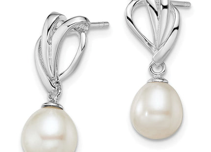 Sterling Silver Rhodium-plated 7- White Rice Freshwater Cultured Pearl Post Dangle Earrings (Style QE12748)