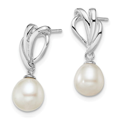 Sterling Silver Rhodium-plated White Rice Freshwater Cultured Pearl Post Dangle Earrings, 23 x 8mm