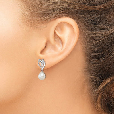 Sterling Silver Rhodium-plated White Rice Freshwater Cultured Pearl Post Dangle Earrings, 23 x 8mm