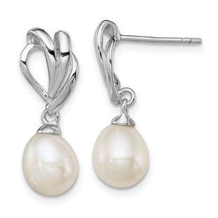 Sterling Silver Rhodium-plated 7- White Rice Freshwater Cultured Pearl Post Dangle Earrings (Style QE12748)